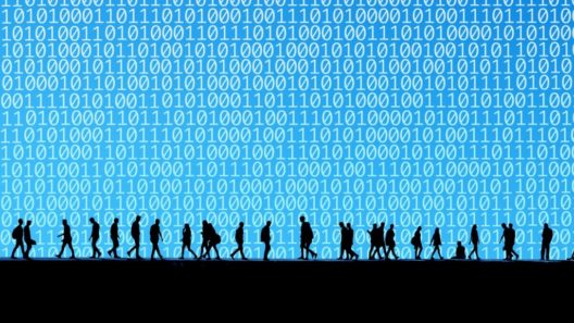 Shapes of people against blue binary wall