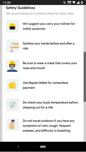 Screenshot of the Rapido app instructing drivers to monitor their temperature and stay in if symptoms occur.