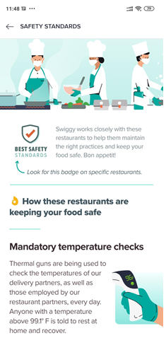 Screenshot of the Swiggy app outlining safety guidelines including mandatory temperature checks