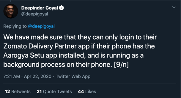 Screenshot of Zomato’s CEO mandating the use of the Aarogya Setu app. 