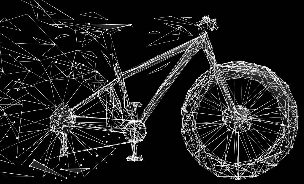 Low poly bicycle. Abstract mash line and point origami on black background