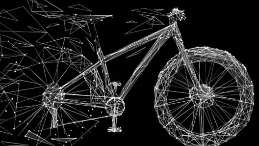 Low poly bicycle. Abstract mash line and point origami on black background