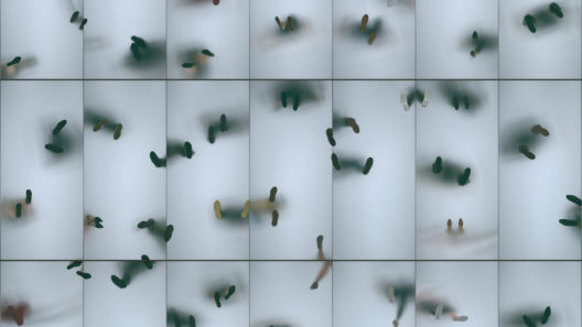 Silhouettes of people on a frosted glass floor in bottom view. Transparent glass floor between floors with reflection of human legs. 3D rendering.