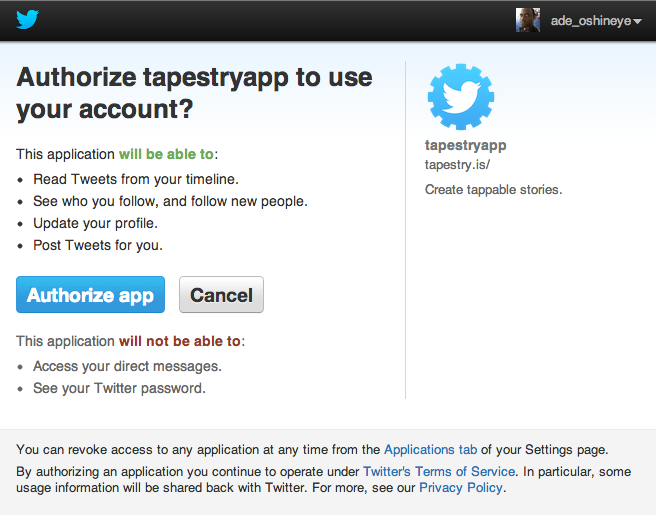 Twitter OAuth consent dialog that's about to be rejected