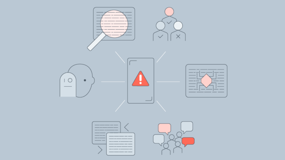 Illustration of mobile phone and six icons representing different types of algorithm audit methods