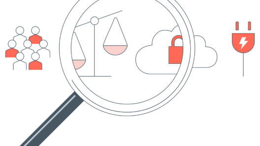 Simple illustration of a magnifying glass looking at objects associated with AI and data science research