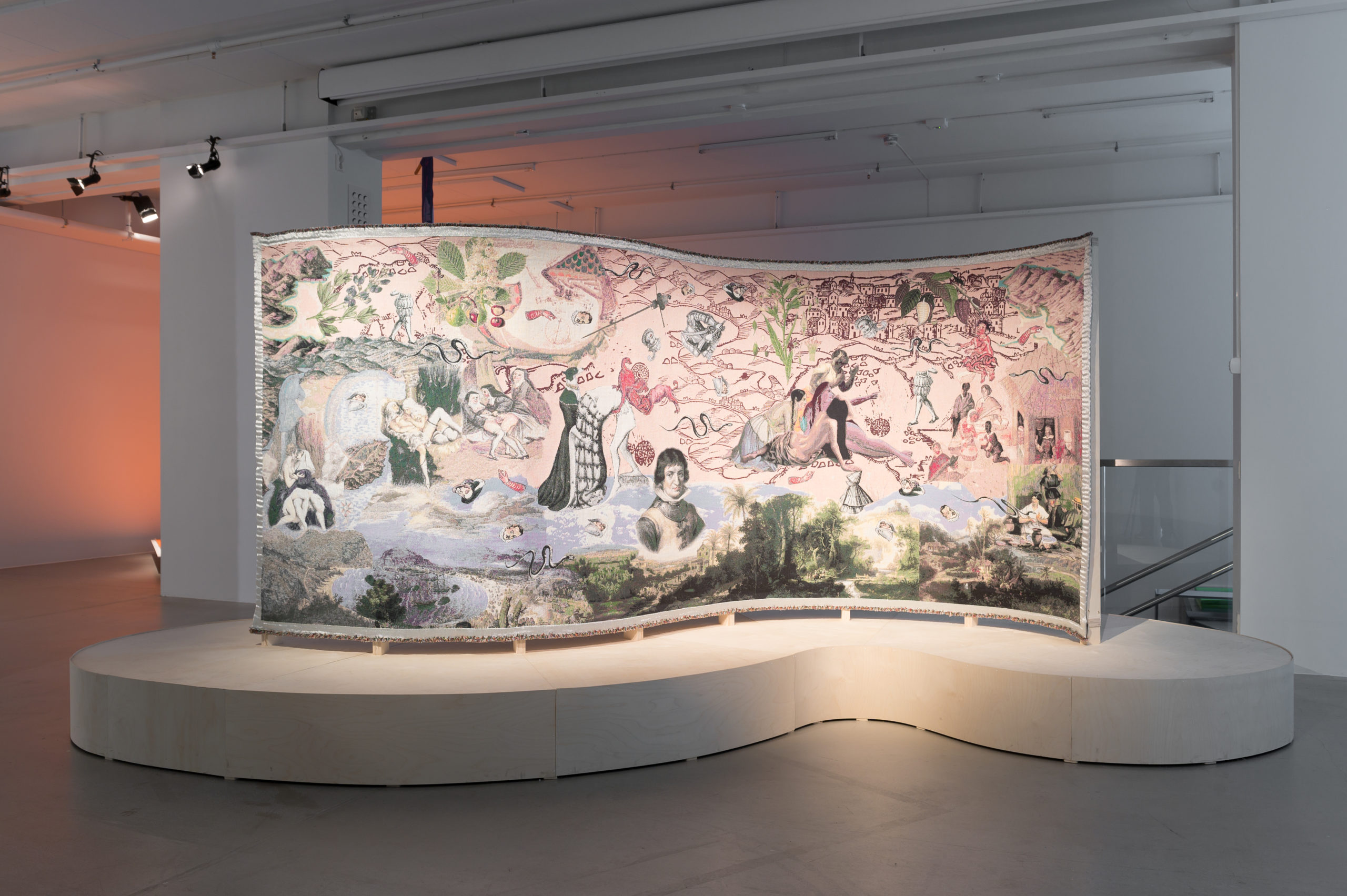 Mercedes Azpilicueta, The Lieutenant–Nun is Passing: An Autobiography of Katalina, Antonio, Alfonso and More (2021), jacquard tapestry (Merino wool, cotton, metallic yarn), 160 x 400 cm. Courtesy the artist. Commissioned and produced by Gasworks. Photo: Daniel Vincent Hansen. In the exhibition Unweaving the binary code at Kunsthall Trondheim as part of the 3rd Hannah Ryggen Triennale, 2022.