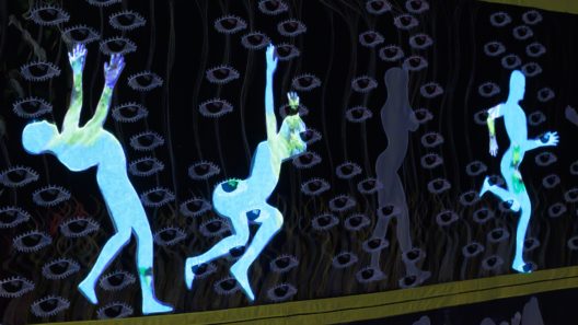 Danielle Brathwaite-Shirley, THE FIRST TRANS THOUGHT (2021), tapestry and moving image, 200 x 300 cm. Special thanks to Helen Star. Courtesy the artist. Photo: Daniel Vincent Hansen. In the exhibition Unweaving the binary code at Kunsthall Trondheim as part of the 3rd Hannah Ryggen Triennale, 2022.