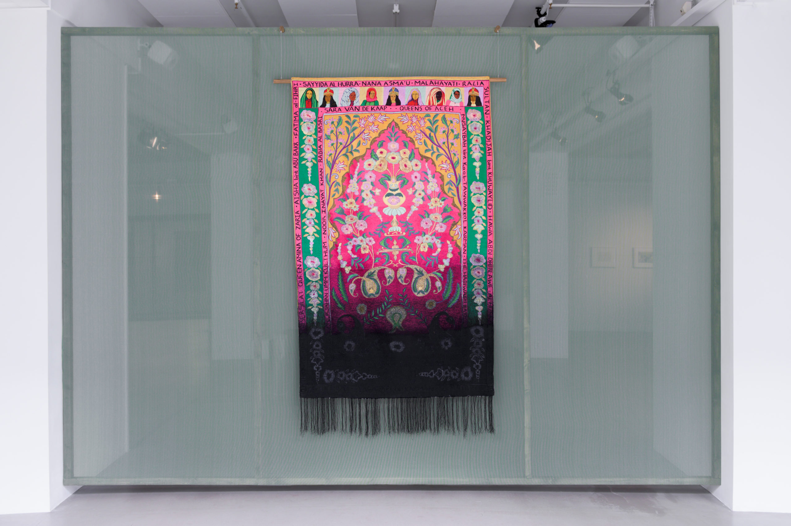 Thania Petersen, Al Hurra (2019), embroidery on cotton fabric, 228 x 128 cm. Courtesy the artist and Smac Gallery. Loan from Durban Art Gallery. Photo: Daniel Vincent Hansen. In the exhibition Unweaving the binary code at Kunsthall Trondheim as part of the 3rd Hannah Ryggen Triennale, 2022.