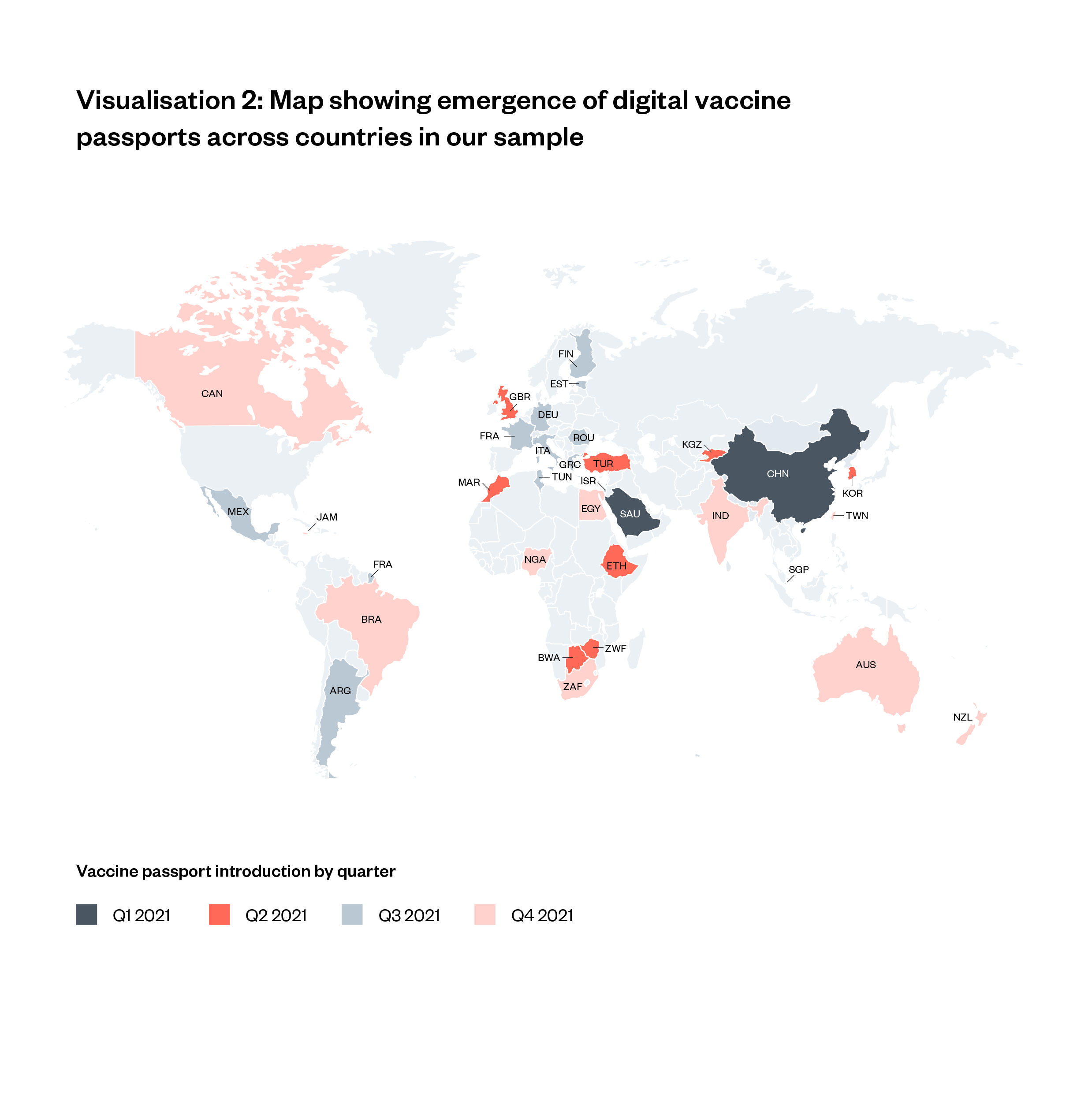 A map of the world that shows the introduction of vaccine passports in countries in our sample by quarter