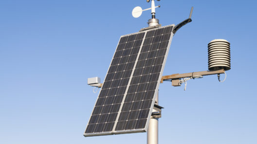 Equipment for monitoring air pressure, rainfall, temperature, wind speed and direction. Powered using a solar panel and with equipment for radio transfer of weather information.