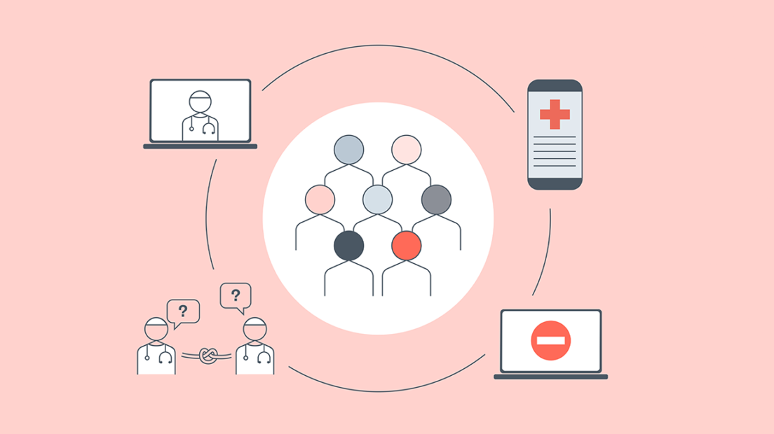 Line illustration of people in centre of circle, with four icons around the circle. Icons are a doctor, an app screen, a computer screen (with 'no entry sign' and two doctors with ? speech bubbles.